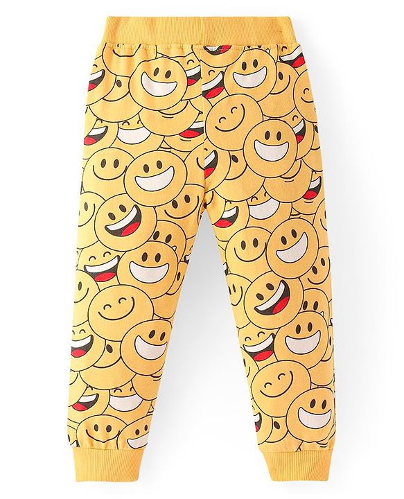 Babyhug Cotton Looper Knit Full Length Smiley Printed Lounge Pant - Yellow