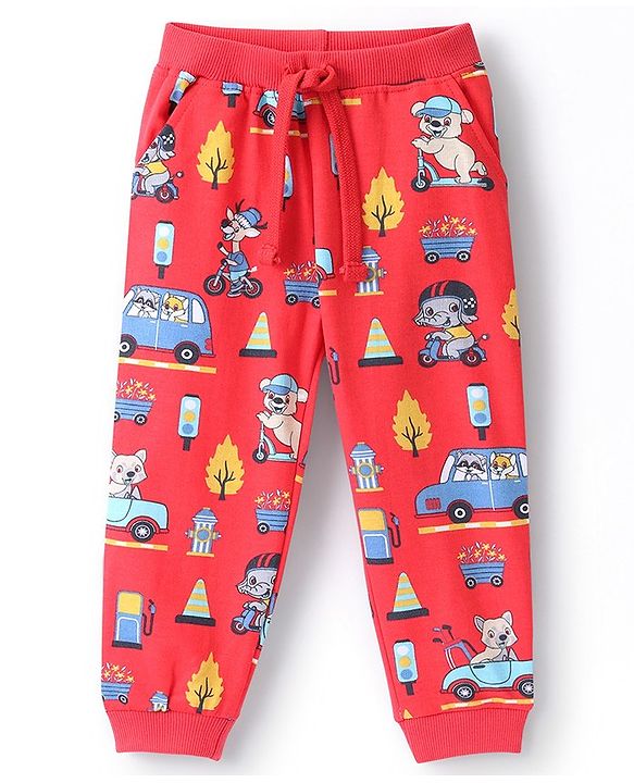 Babyhug Cotton Looper Knit Full Length Lounge Pant Animal Print - Red