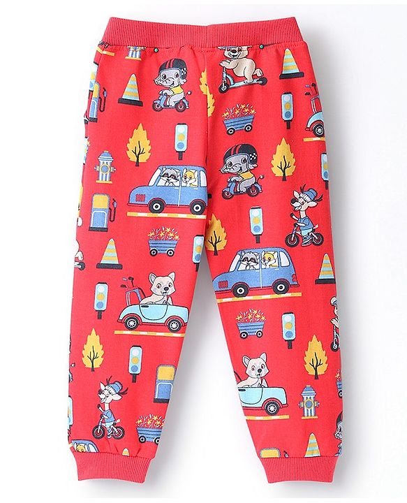 Babyhug Cotton Looper Knit Full Length Lounge Pant Animal Print - Red