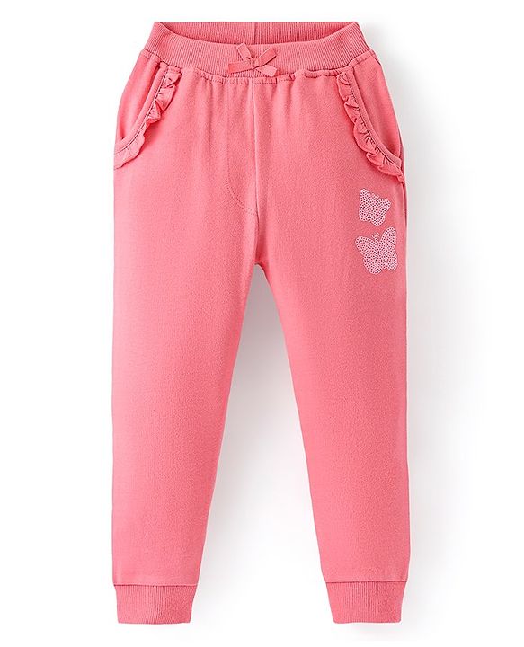 Babyhug Cotton Looper Knit Full Length Butterfly & Frill Detailing Lounge Pant - Pink