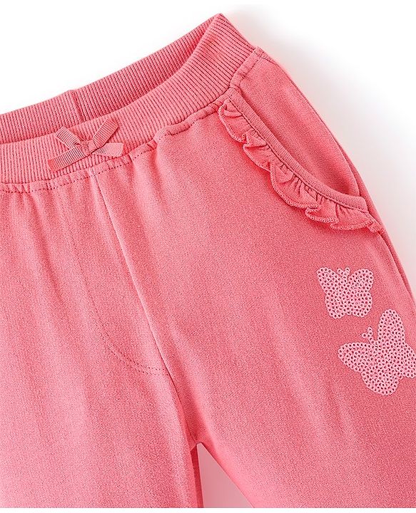 Babyhug Cotton Looper Knit Full Length Butterfly & Frill Detailing Lounge Pant - Pink