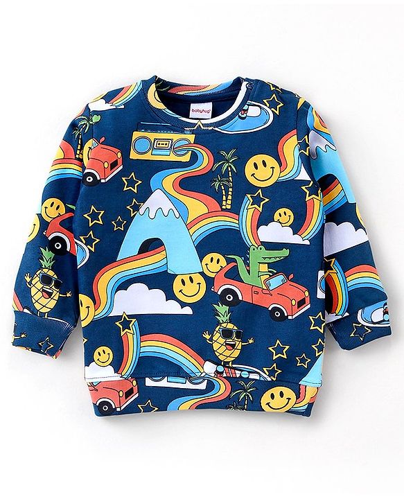 Babyhug Cotton Knit Full Sleeves Sweatshirt Rainbow Print - Navy Blue