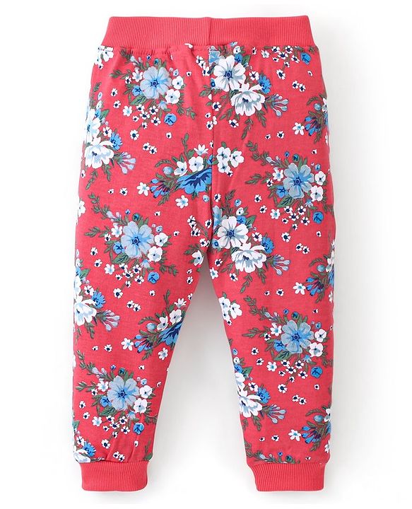Babyhug Cotton Looper Knit Full Length Lounge Pant Floral Print - Red