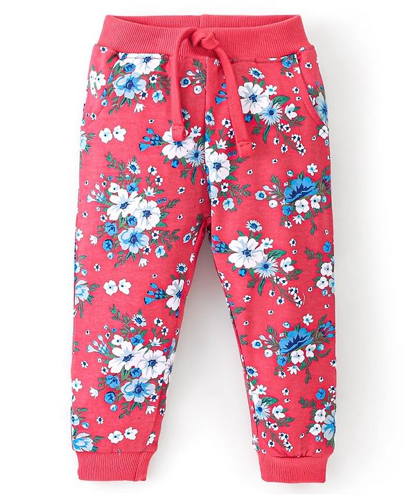 Babyhug Cotton Looper Knit Full Length Lounge Pant Floral Print - Red