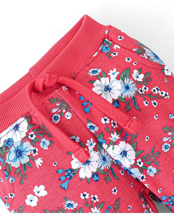 Babyhug Cotton Looper Knit Full Length Lounge Pant Floral Print - Red