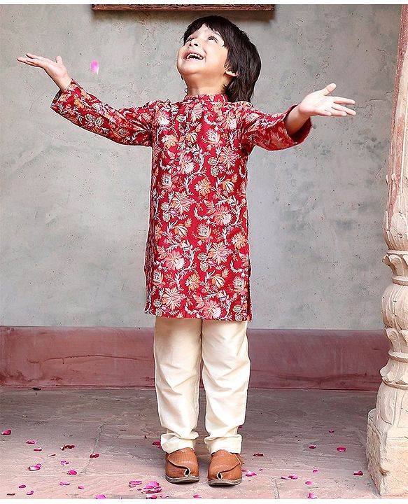 Babyhug 100% Cotton Woven Full Sleeves Kurta & Pyjama Set Floral Print - Red
