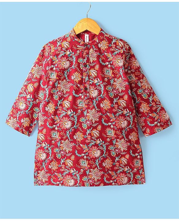 Babyhug 100% Cotton Woven Full Sleeves Kurta & Pyjama Set Floral Print - Red