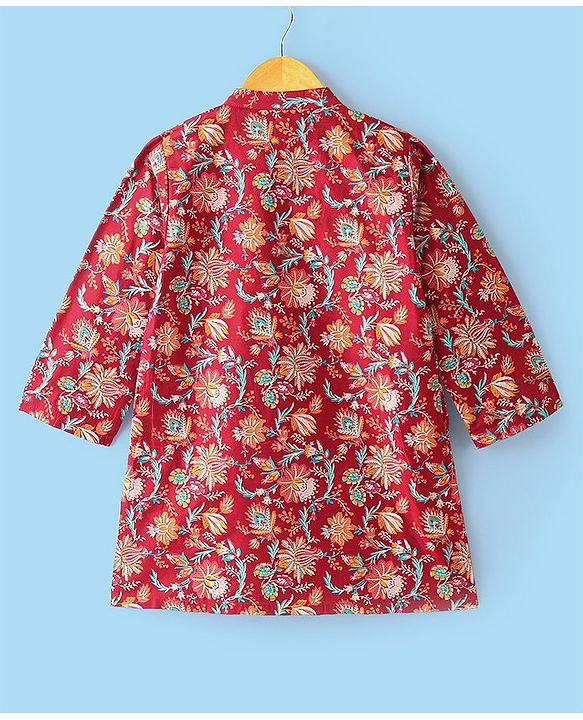 Babyhug 100% Cotton Woven Full Sleeves Kurta & Pyjama Set Floral Print - Red
