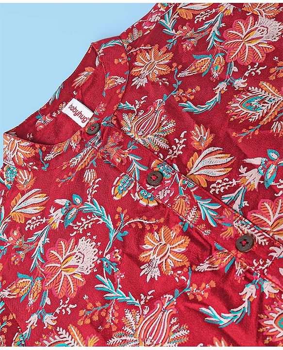 Babyhug 100% Cotton Woven Full Sleeves Kurta & Pyjama Set Floral Print - Red