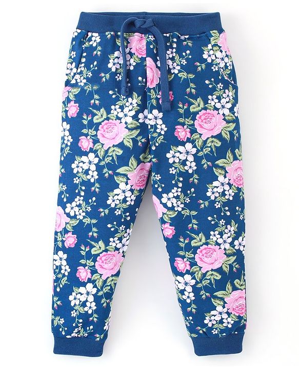 Babyhug Cotton Looper Knit Full Length Lounge Pant Floral Print - Navy Blue