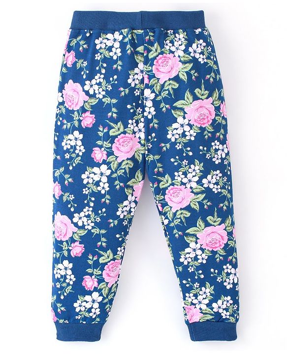 Babyhug Cotton Looper Knit Full Length Lounge Pant Floral Print - Navy Blue