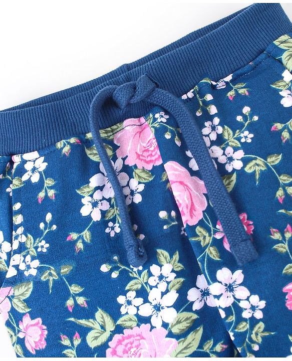 Babyhug Cotton Looper Knit Full Length Lounge Pant Floral Print - Navy Blue