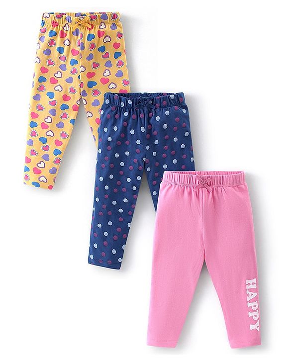 Babyhug Cotton Lycra Full Length  Leggings Hearts & Polka Dots Printed Pack of 3 - Blue & Pink