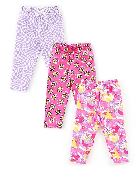 Babyhug Cotton Lycra Knit Full Length Stretchable Leggings Checks & Floral Print Pack of 3 - Pink & Purple