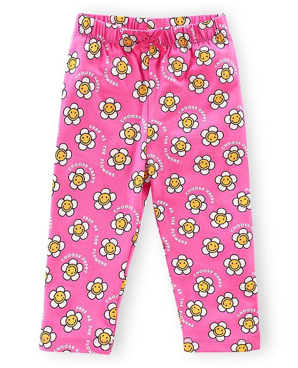 Babyhug Cotton Lycra Knit Full Length Stretchable Leggings Checks & Floral Print Pack of 3 - Pink & Purple