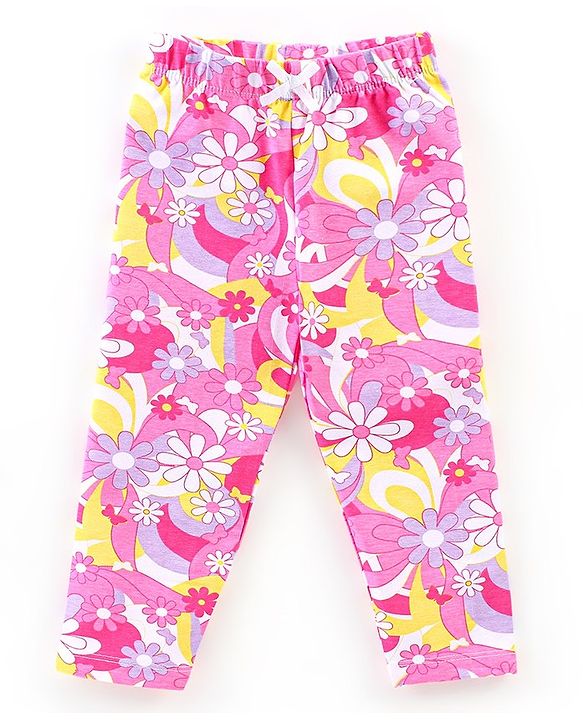Babyhug Cotton Lycra Knit Full Length Stretchable Leggings Checks & Floral Print Pack of 3 - Pink & Purple