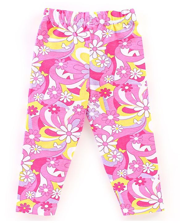 Babyhug Cotton Lycra Knit Full Length Stretchable Leggings Checks & Floral Print Pack of 3 - Pink & Purple