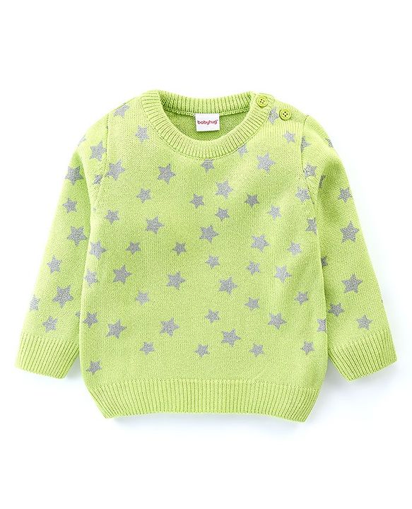 Babyhug Knit Full Sleeves Sweater With Star Print - Green