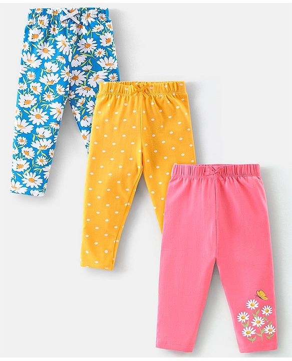 Babyhug Cotton Lycra Full Length Stretchable Leggings Floral & Dot Print Pack of 3- Yellow Pink & Blue