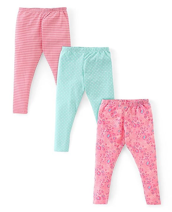 Babyhug Cotton Lycra Full Length Leggings Stripes & Dot Print Pack of 3- Pink & Blue