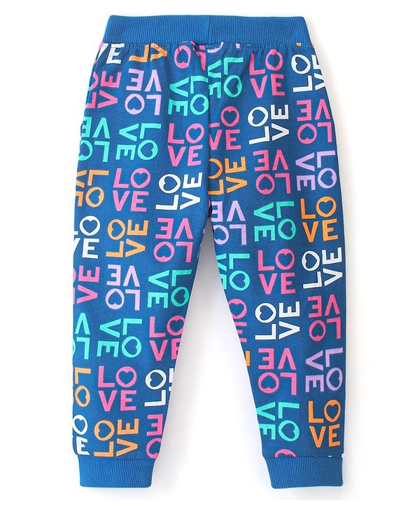 Babyhug Cotton Looper Knit Full Length Lounge Pant Love Printed - Blue