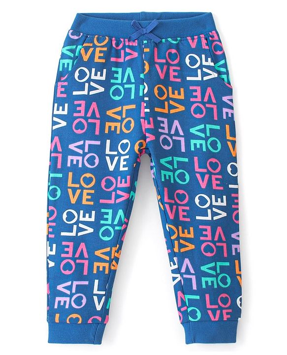 Babyhug Cotton Looper Knit Full Length Lounge Pant Love Printed - Blue
