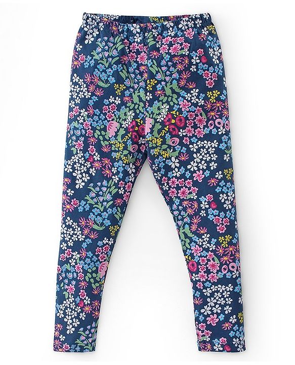 Babyhug Cotton Lycra Full Length Leggings Stripes & Floral Print Pack of 3- Pink Yellow & Blue