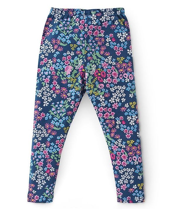 Babyhug Cotton Lycra Full Length Leggings Stripes & Floral Print Pack of 3- Pink Yellow & Blue