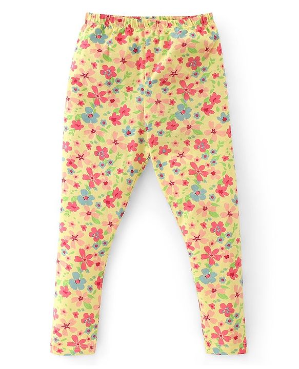 Babyhug Cotton Lycra Full Length Leggings Stripes & Floral Print Pack of 3- Pink Yellow & Blue