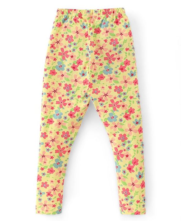 Babyhug Cotton Lycra Full Length Leggings Stripes & Floral Print Pack of 3- Pink Yellow & Blue