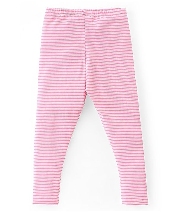 Babyhug Cotton Lycra Full Length Leggings Stripes & Floral Print Pack of 3- Pink Yellow & Blue