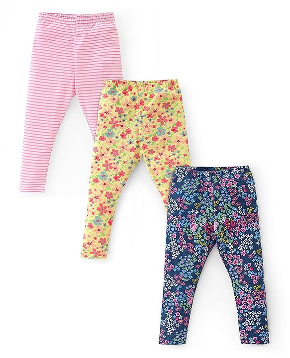 Babyhug Cotton Lycra Full Length Leggings Stripes & Floral Print Pack of 3- Pink Yellow & Blue