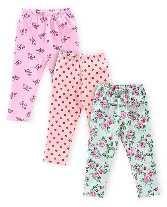 Babyhug Cotton Lycra Knit Full Length Stretchable Leggings Polka Dot & Floral Print Pack of 3 - Peach Pink & Green