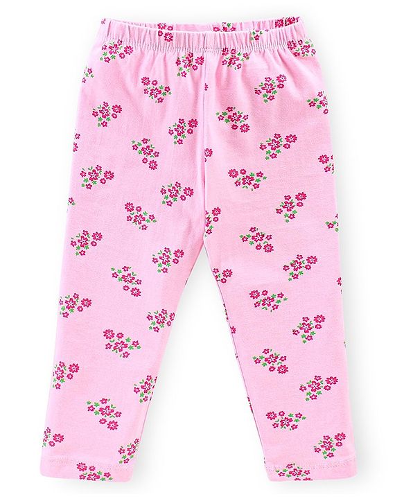 Babyhug Cotton Lycra Knit Full Length Stretchable Leggings Polka Dot & Floral Print Pack of 3 - Peach Pink & Green