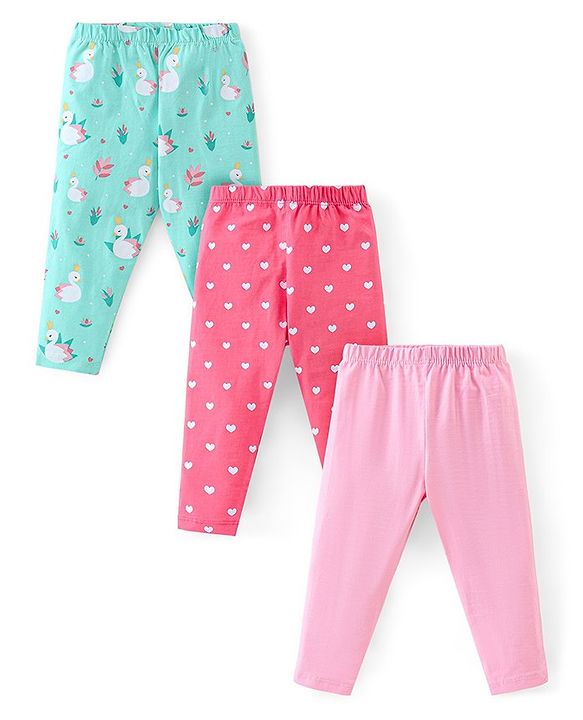 Babyhug Cotton Lycra Knit Full Length Leggings with Stretch & Heart Print Pack of 3 - Pink & Green