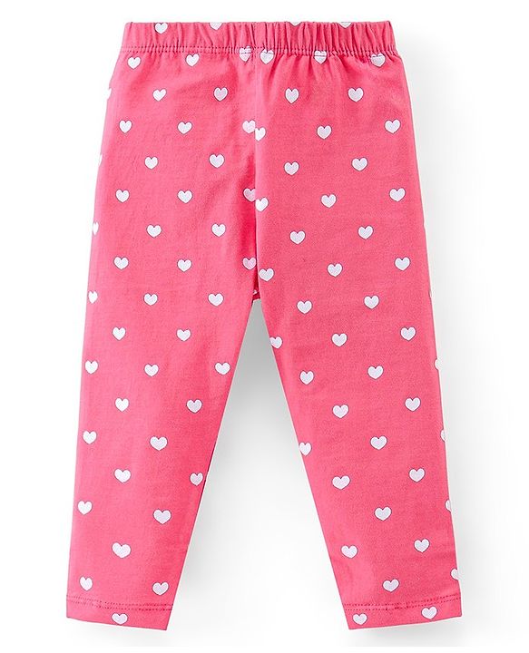 Babyhug Cotton Lycra Knit Full Length Leggings with Stretch & Heart Print Pack of 3 - Pink & Green