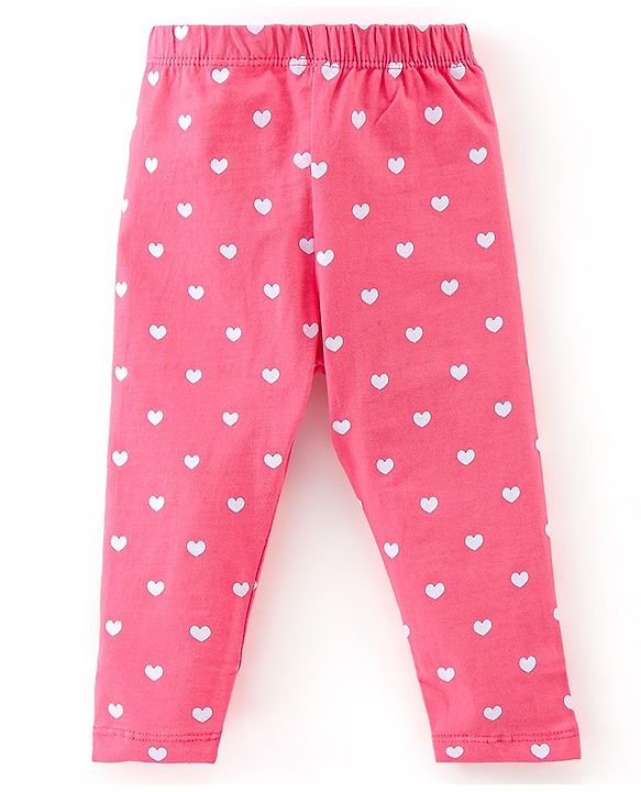 Babyhug Cotton Lycra Knit Full Length Leggings with Stretch & Heart Print Pack of 3 - Pink & Green