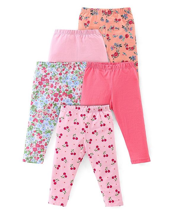 Babyhug Cotton Lycra Knit Full Length Leggings Floral & Fruity Print Pack of 5 - Pink Blue & Peach