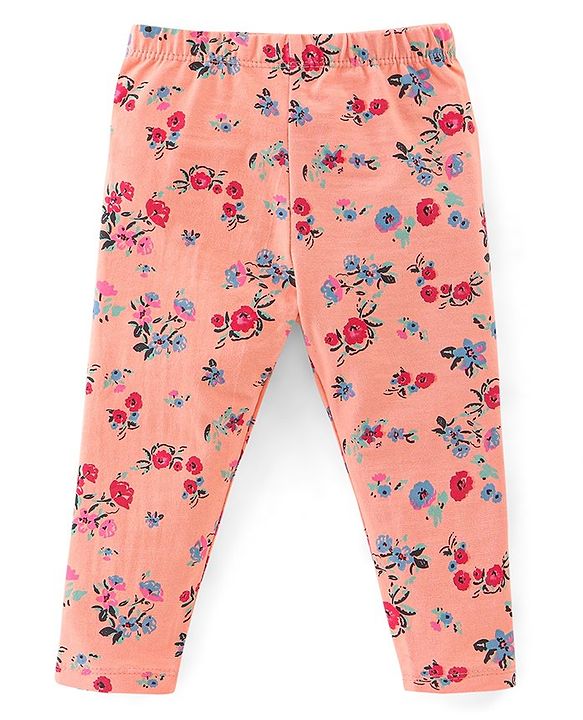 Babyhug Cotton Lycra Knit Full Length Leggings Floral & Fruity Print Pack of 5 - Pink Blue & Peach