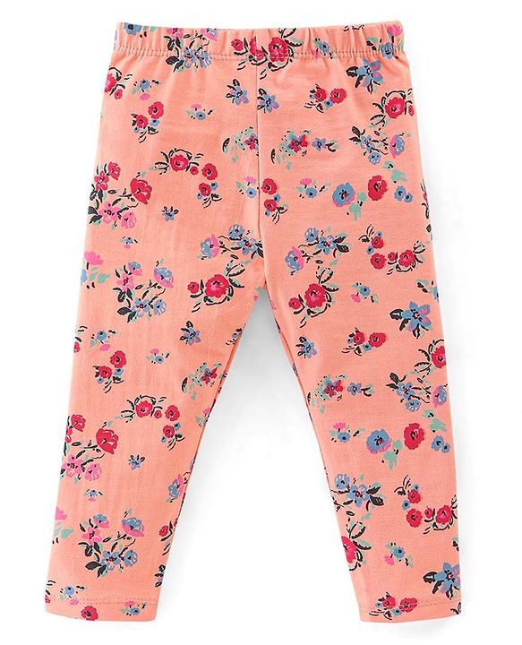 Babyhug Cotton Lycra Knit Full Length Leggings Floral & Fruity Print Pack of 5 - Pink Blue & Peach