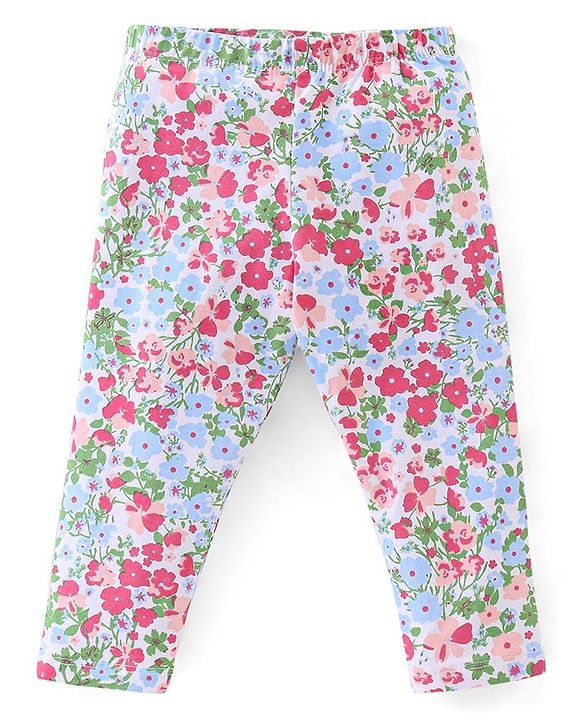Babyhug Cotton Lycra Knit Full Length Leggings Floral & Fruity Print Pack of 5 - Pink Blue & Peach