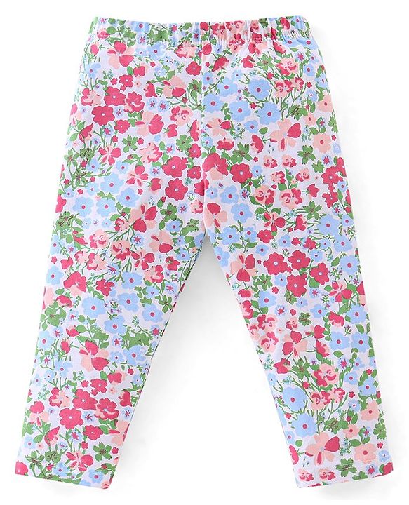 Babyhug Cotton Lycra Knit Full Length Leggings Floral & Fruity Print Pack of 5 - Pink Blue & Peach