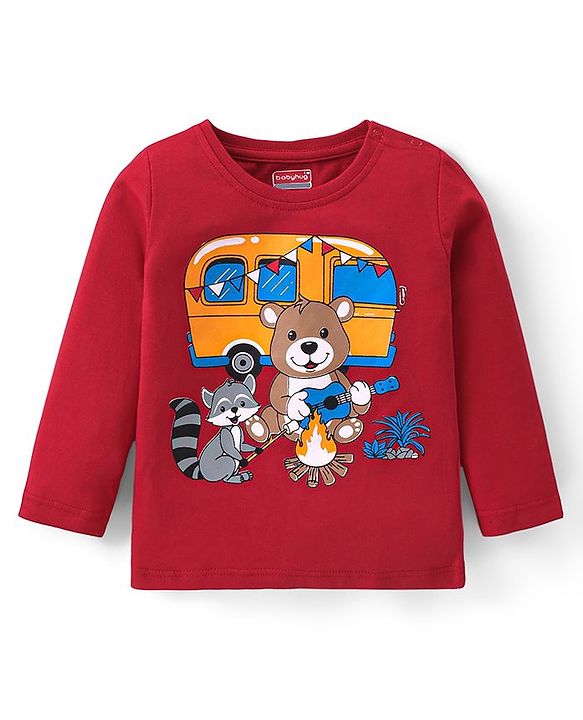 Babyhug Cotton Knit Full Sleeves Animals Printed T-Shirt - Red