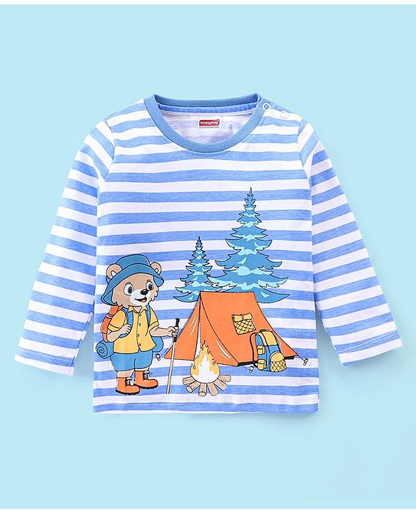 Babyhug Cotton Knit Full Sleeves T-Shirt Stripes & Bear Graphics - Blue