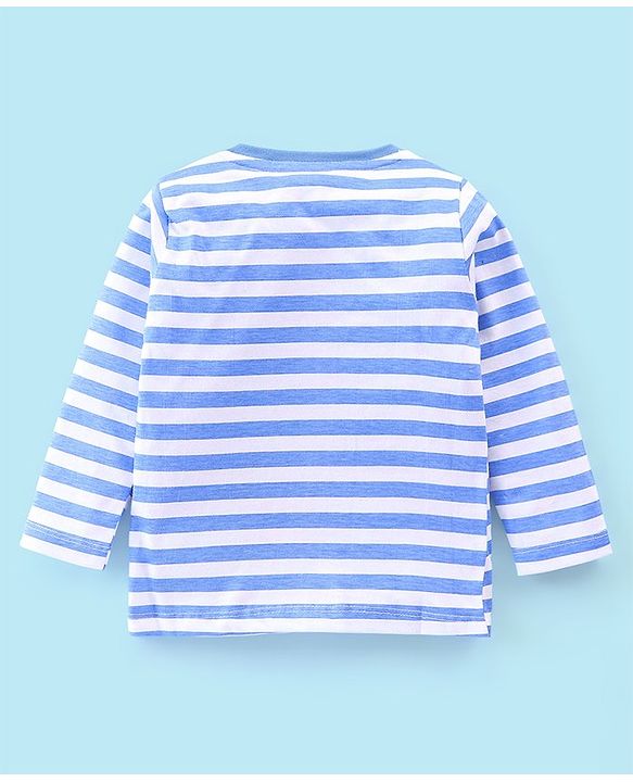 Babyhug Cotton Knit Full Sleeves T-Shirt Stripes & Bear Graphics - Blue