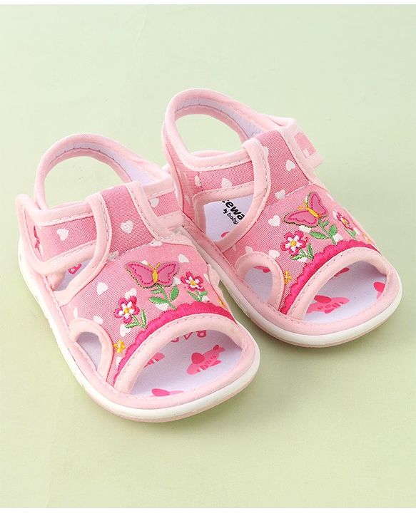 Cute Walk by Babyhug Musical Sandals With Velcro Closure & Floral Embroidery Butterfly Applique- Pink