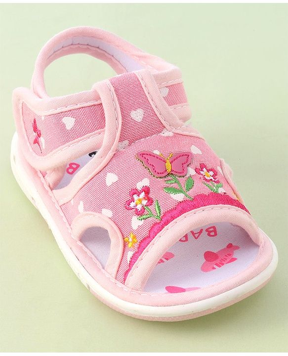 Cute Walk by Babyhug Musical Sandals With Velcro Closure & Floral Embroidery Butterfly Applique- Pink