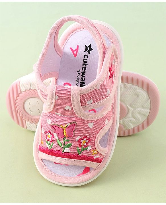 Cute Walk by Babyhug Musical Sandals With Velcro Closure & Floral Embroidery Butterfly Applique- Pink