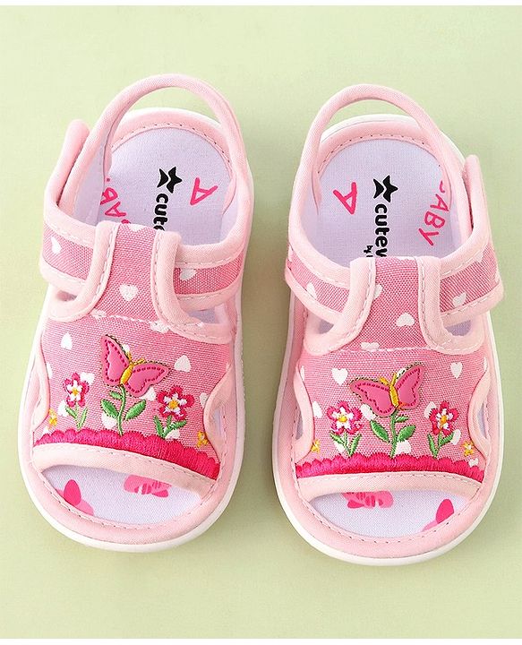 Cute Walk by Babyhug Musical Sandals With Velcro Closure & Floral Embroidery Butterfly Applique- Pink