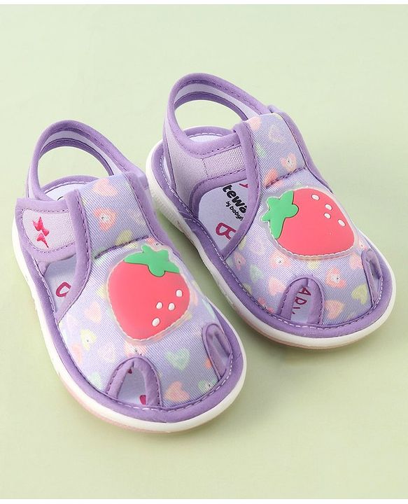 Cute Walk by Babyhug Velcro Closure Musical Sandals with Strawberry Applique - Purple